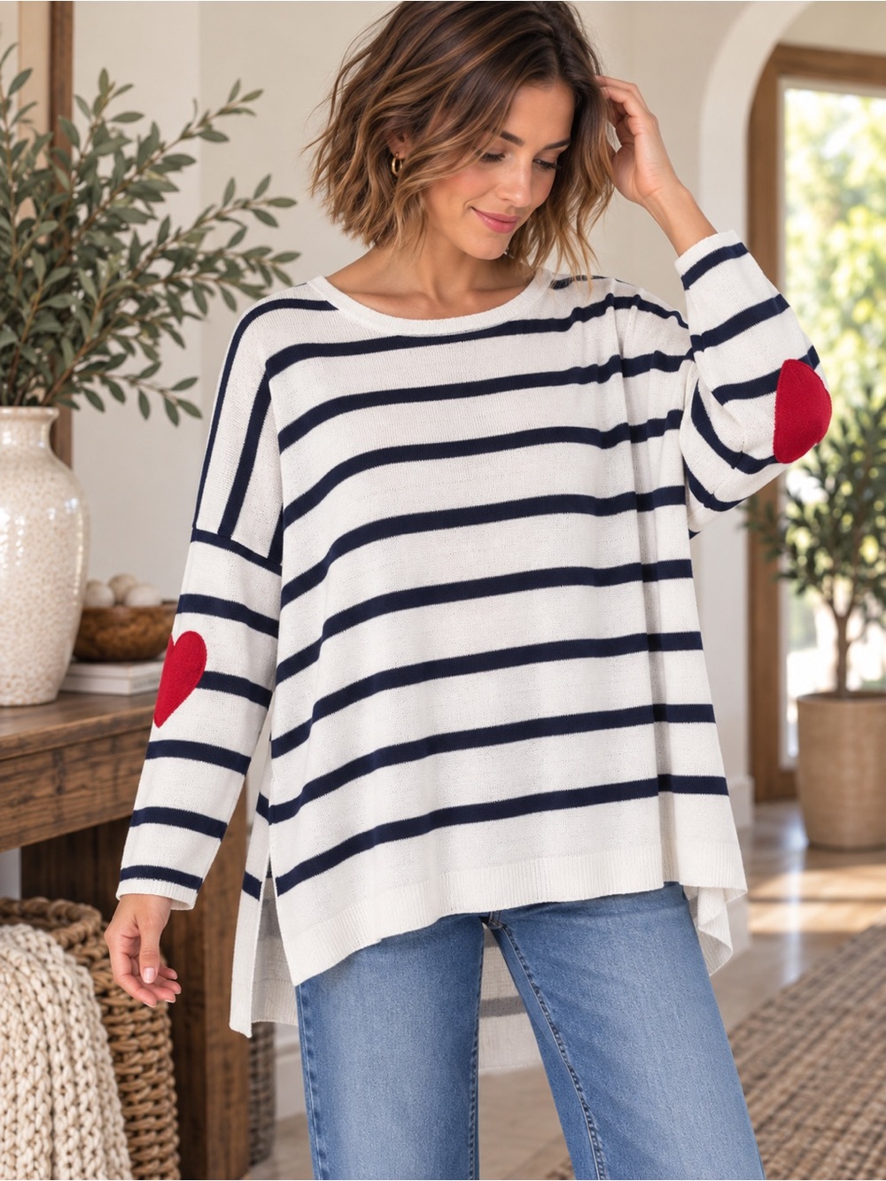 MERSEA Catalina Crewneck Sweater OS White Navy Stripe Red Heart Elbow Patch #934
